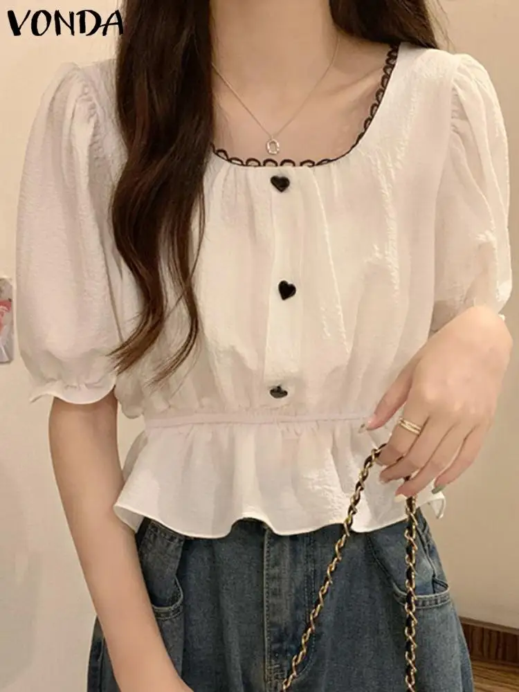 

VONDA Women Blouses 2023 Summer Round Neck Short Puff Sleeve Shirts Casual Loose Tunic Tops Elastic Waist Shirts Blusas Feminina
