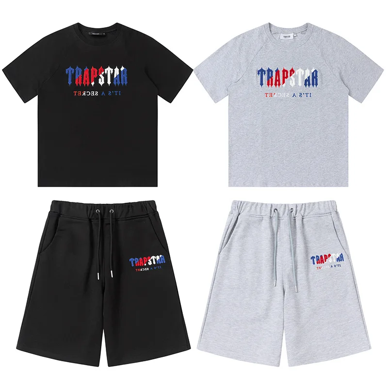 

Trapstar blue and red towel embroidered short sleeve simple shorts set for men and women loose casual crewneck T-shirt trendy