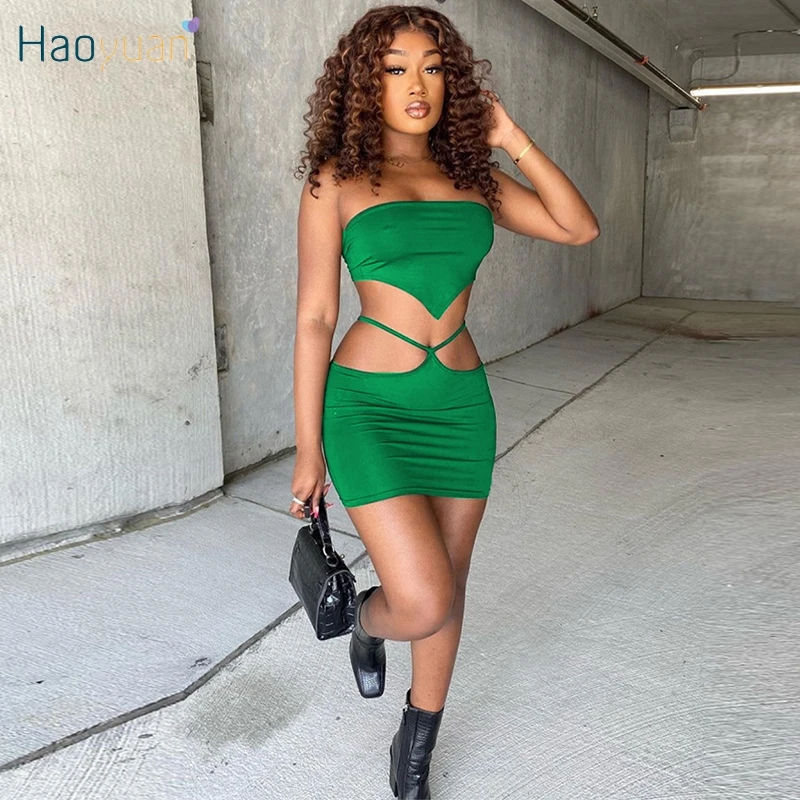 

Сексуальный комплект из двух предметов HAOYUAN, укороченный Топ без бретелек, облегающая юбка с вырезами, наряды для вечеринки на день рождения...