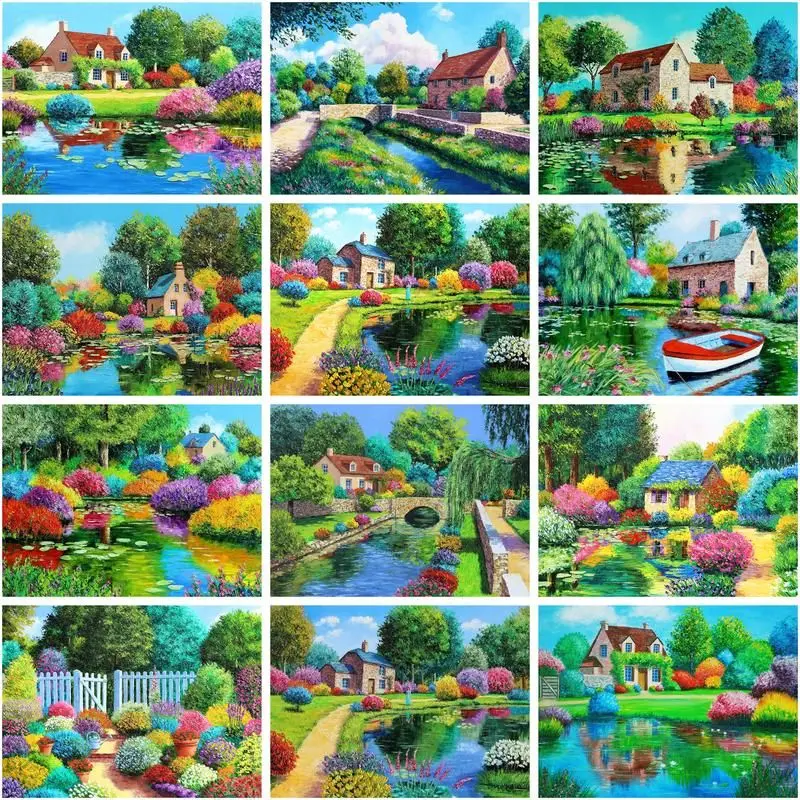 

GATYZTORY Diy Frame Painting By Number House Scenery Drawing On Canvas Picture By Numbers Spring Home Decor Art Gift 40X50CM