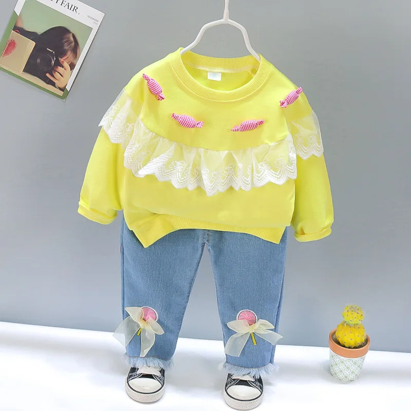 

New 2022 Baby Girl Cute Bow Suits Lace Sweater and Jeans Children Two Piece Set Print