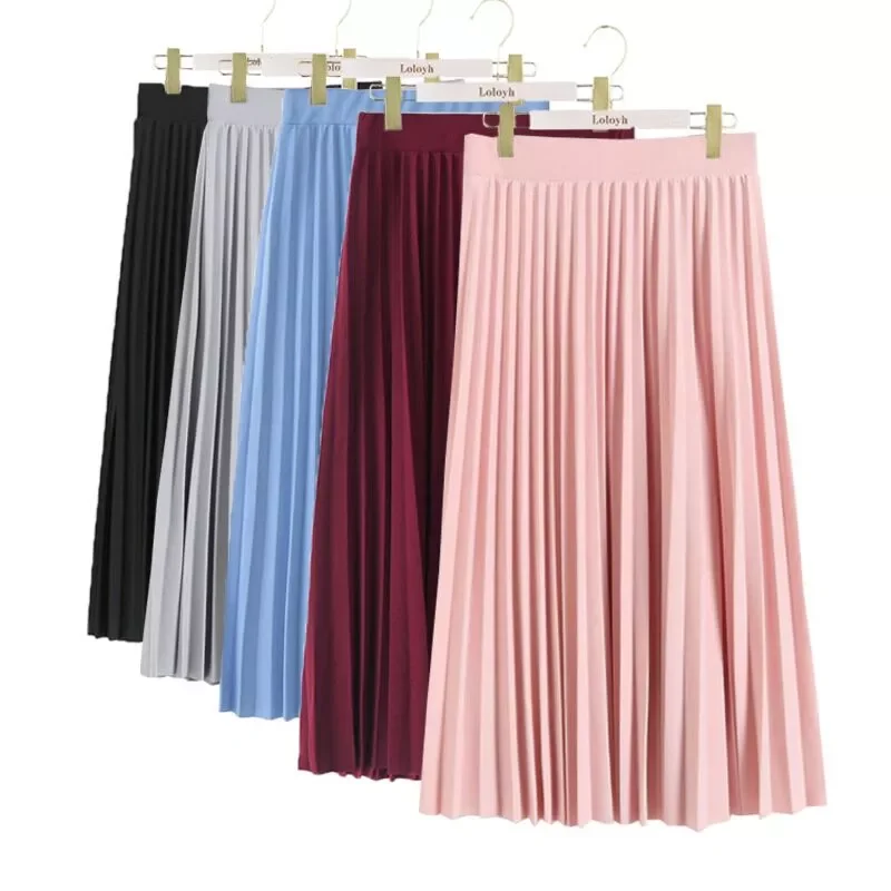 

New2022 Fashion High Waist Pleated Solid Color Ankle Length Skirt All-match chiffon Clothing Lady Casual Stretchy Thicken Skirts