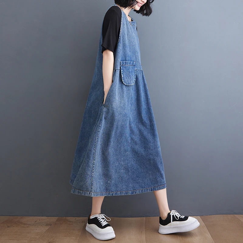 

SuperAen 2022 New Oversized High Waist Slim Loose Casual Sleeveless Mid Calf A Line Denim Vest Dresses for Women