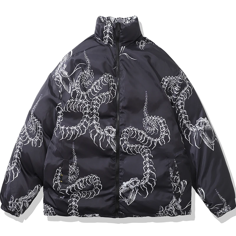 Men Reversible Puffer Parka Winter New Streetwear Snake Print Trend Hip Hop Thick Coats Oversized Baggy Outdoor Padded Jacket