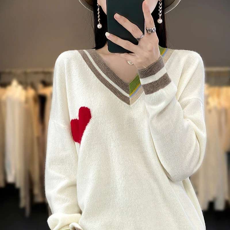 

Casual Women's V-neck 100% Wool Sweater Colored Knitted Loose 2023 New Pure Wool Pullover Long Sleeve Women's Sweater