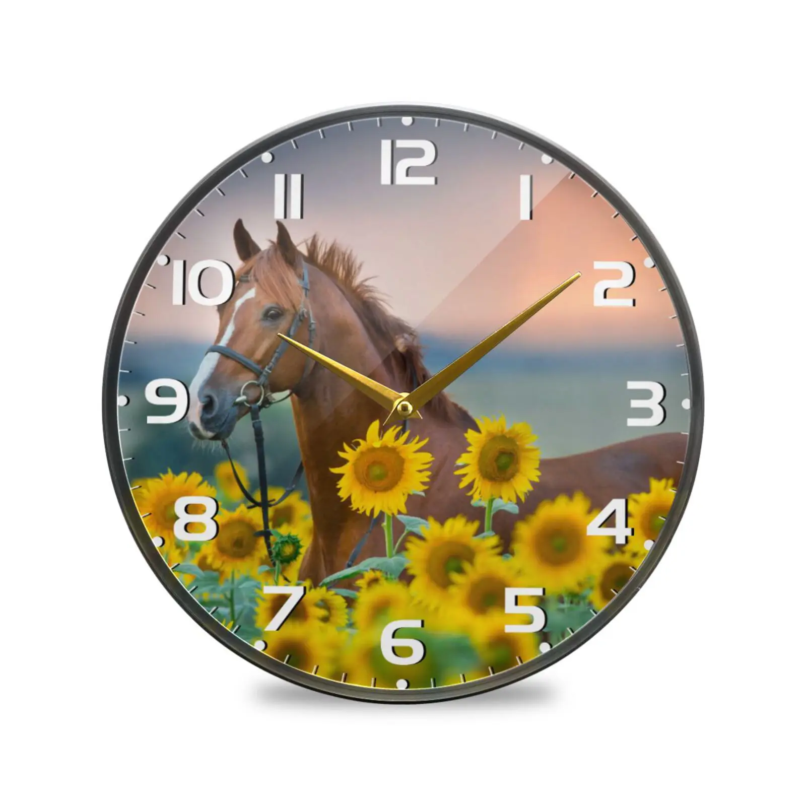 Acrylic Round Wall Clock Sunflowers Horse Print Silent Wall Watch Battery Operated Non-Ticking Quiet Desk Clock For Home Decor
