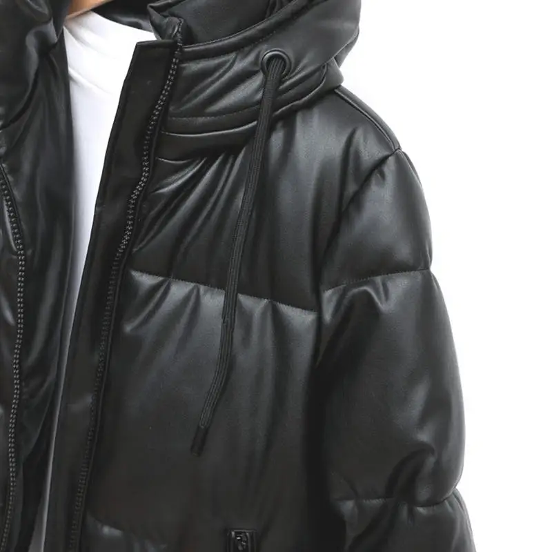 Women Fashion Black Warm Quilted Coats Cotton Padded Jackets Hooded Waterproof Faux PU Leather Long Winter Jacket Outwear Loose