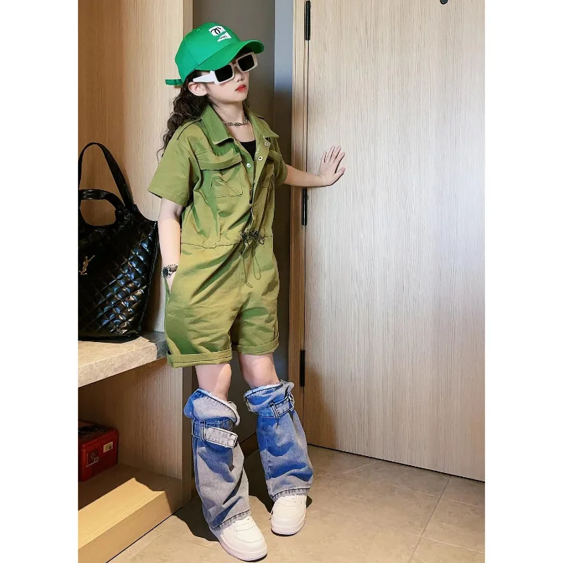 

Teen Girls Clothing Summer Jumpsuits Solid Color Loose Clothes Set Short Sleeve 8 10 years Girls Overalls
