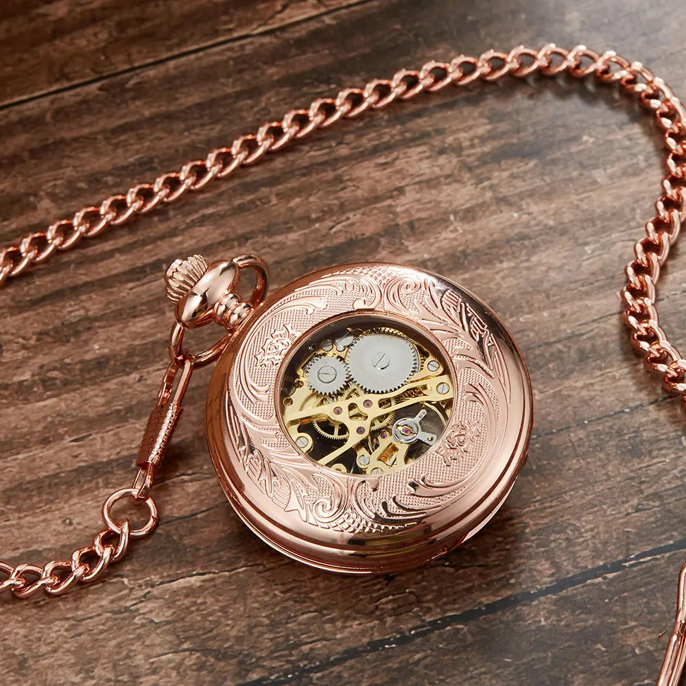 Rose Gold Mechanical Pocket Watch With Chain Steampunk Skeleton Hollow Hand-winding Pendant Clock Men Women Relógio de bolso
