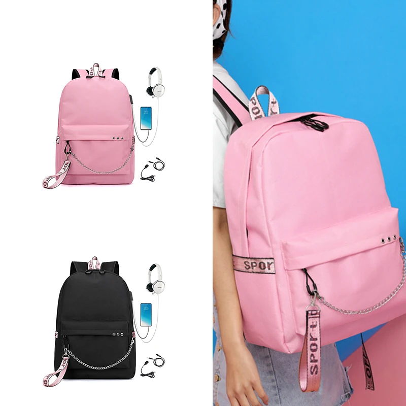 Fashion Solid Black Color women Student School Bag Computer Youth Travel Backpack Class Bag Girl College School Bags With Usb