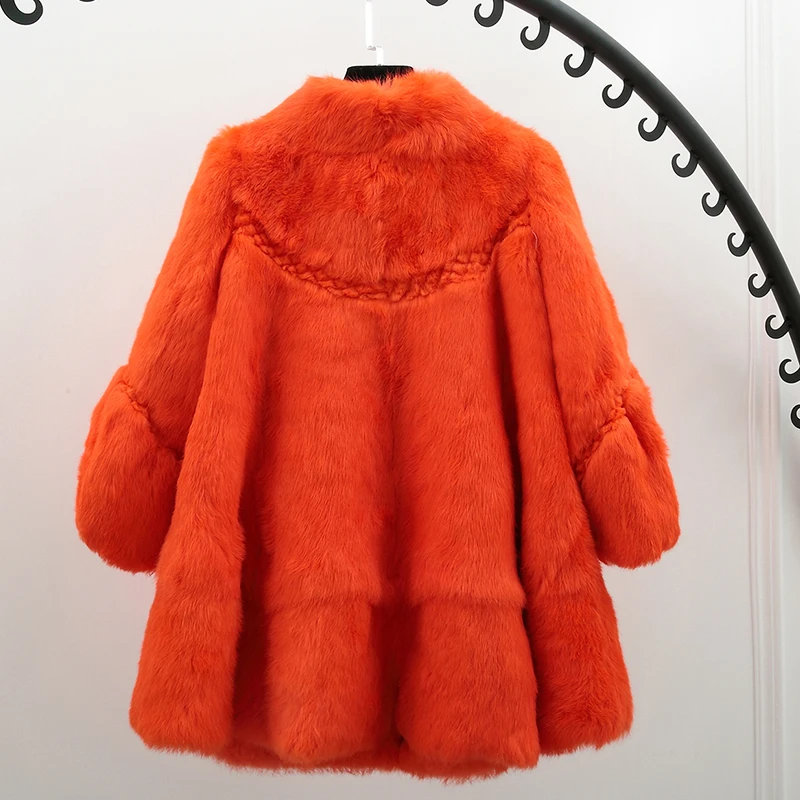 ZDFURS *Elegant stand collar wave cut full pelt natural rabbit fur coat outerwear women's winter 2017 loose genuine fur jacket