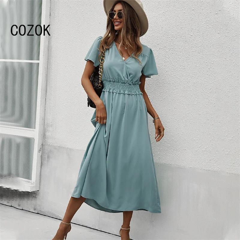

2022 New Women's Long Dress Solid Color V Neck Slim Long Sleeve High Waist Party Dresses Spring Summer Elegant