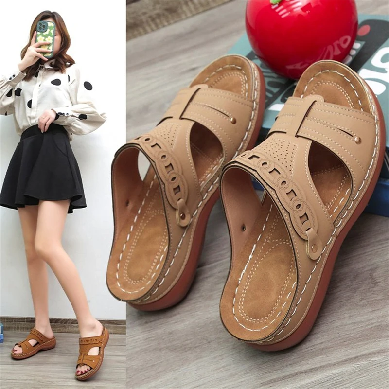 

2022 Summer Women Platform Retro Woman Shoes Open Sandals Round Toe Wedges Hollow Breathable Sewing Slippers Casual Beach Shoes