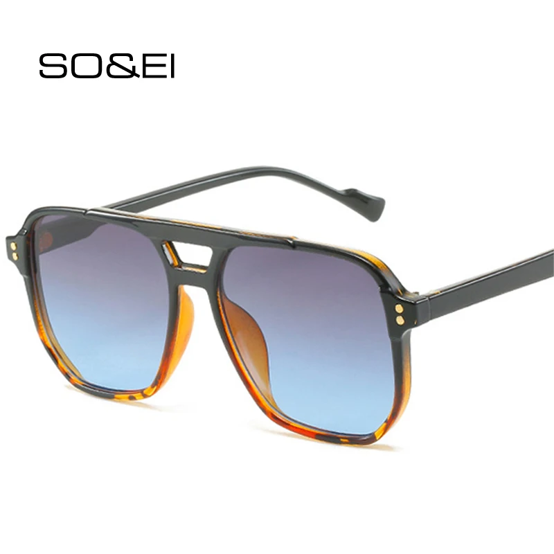 

SO&EI Fashion Double Bridges Square Sunglasses Women Retro Rivets Decoration Shades UV400 Men Gradient Trending Sun Glasses