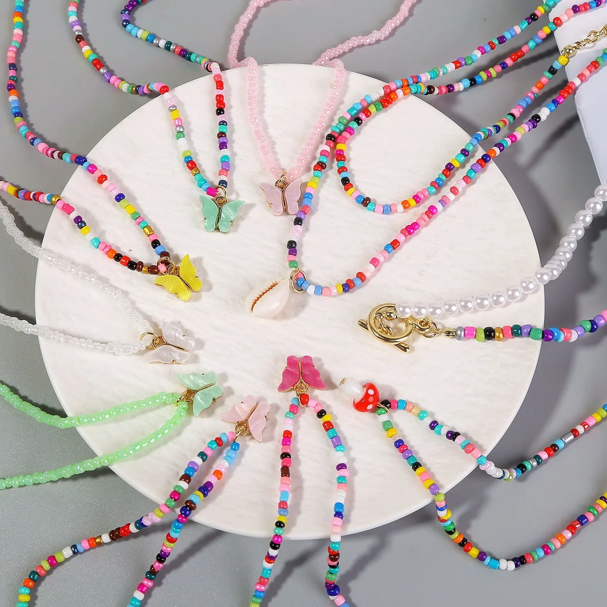 

JOZY Shell Glass Mushroom Butterfly Pendant Necklace For Women Rice Beads Simple Non-fading Necklaces 2022 Fashion Jewelry