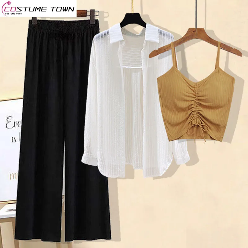 Spring and Summer New Sunscreen 3-piece Chiffon Shirt+drawcord Suspender+casual Ice Silk Wide Leg Pants Fashion Set