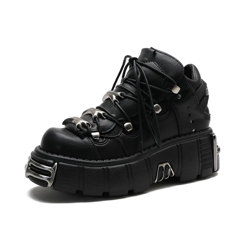 

2022 Women Genuine Leather Platform Ankle Boots Punk Gothic Style Lace Up Shoes Metal Motorcycle Boots Round Toe Chunky Boots