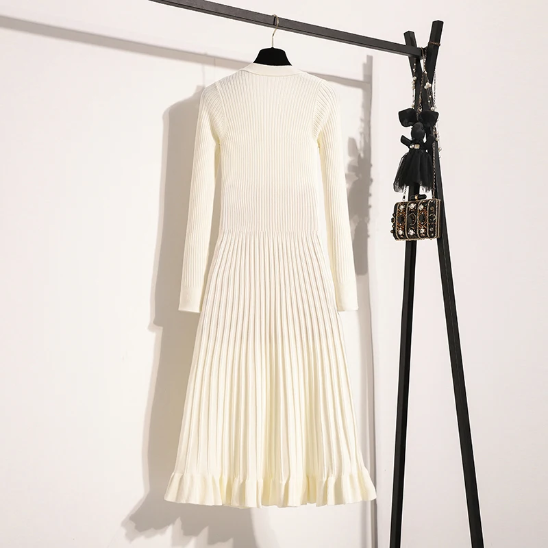 Женское однотонное вязаное платье с V-образным вырезом и длинным рукавом