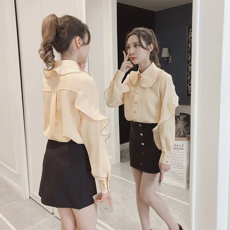 

Women Korean Style Peter Pan Collar Fashion Students Lovely Casual Blouses Female Streetwear Ruffles Chiffon Tops Shirts W76