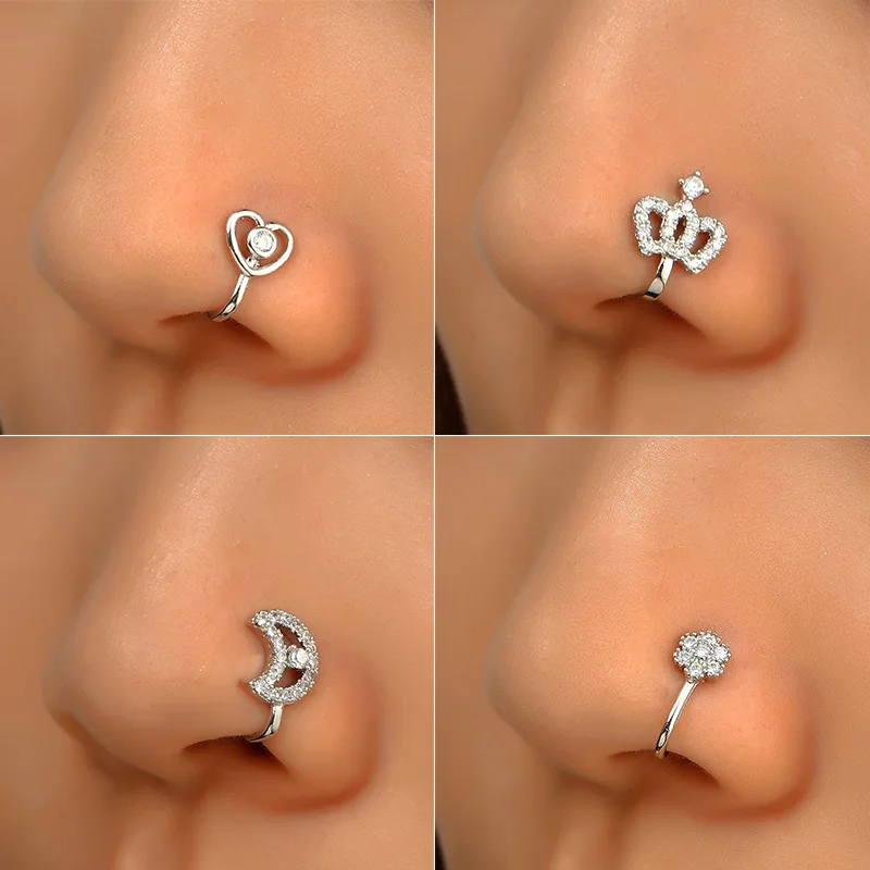 

1Pcs Creative Non-Pierced U-Shaped Nose Clip Copper Inlaid Zircon Star Love Crown Nose Ring Fake Nose Piercing Jewelry