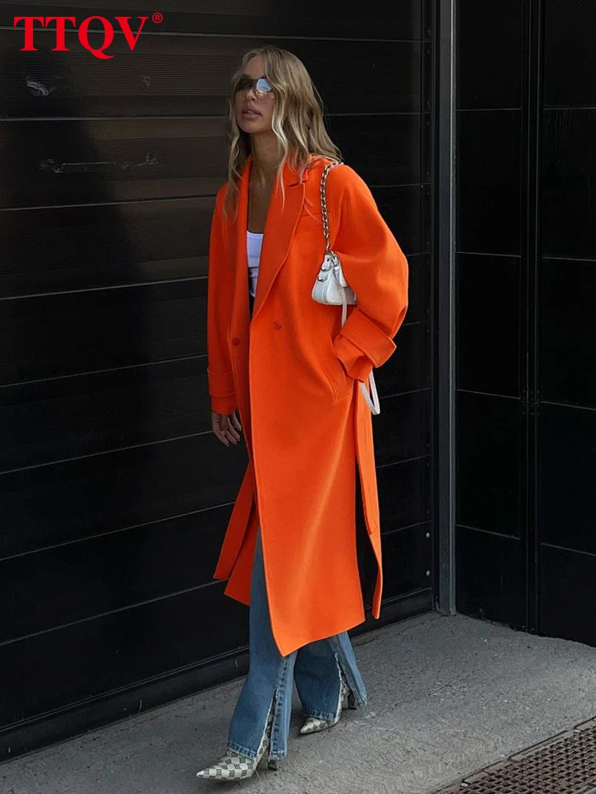 

TTQV Элегантное синее зимнее пальто для женщин осеннее повседневное пальто с отворотом с длинным рукавом на шнуровке модное однотонное пальт...