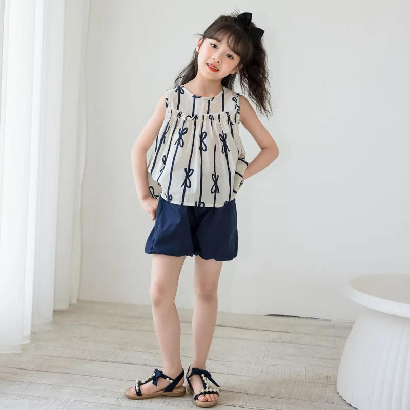 

2023 Girls' Shorts Set Summer Casual Two-piece Outfits Bow Print Sleeveless Top + Short Pants Children's Clothing 6 to 14 Years