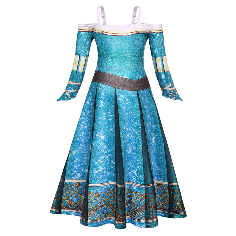 Girls Merida Long Sleeve Costume Kids 3D Print Brave Princess Dress Children Cosplay Halloween Carnival Theme Party Charm Outfit