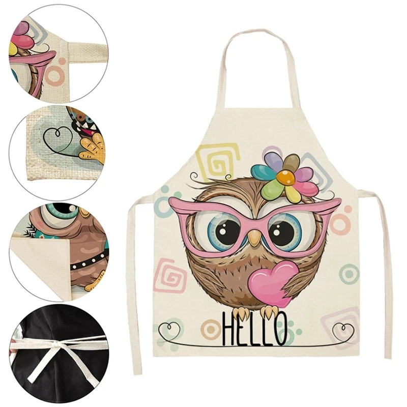 

Household Daily Kitchen Cooking and Baking Oil-proof Apron New Owl Flower Cartoon Pattern Printed Cotton and Linen Female Bib