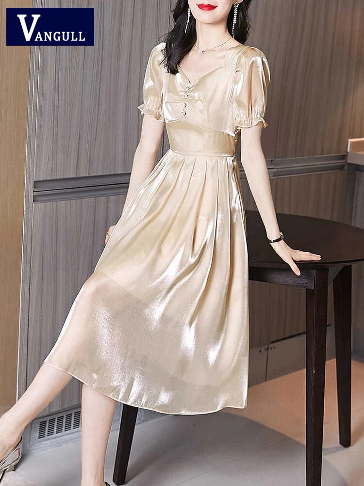 

Fashion Apricot Glossy Dress Women V-Neck Elegant Short Sleeve Dress Female Summer Ruffled Pleated Ladies Party Dress