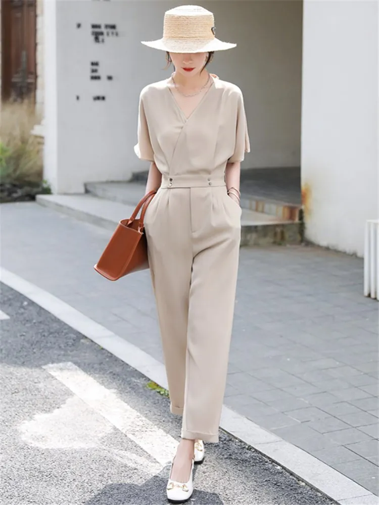 

2022 Summer New Fashion Elegant V-neck Short Sleeve Slim Jumpsuit for Women Backless One Piece Pants Set Overalls Romper 2106