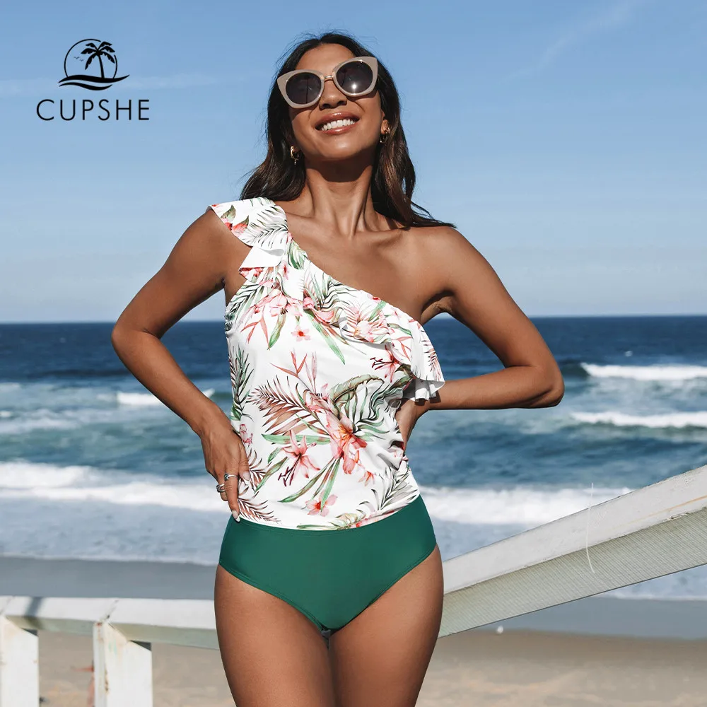 CUPSHE One Shoulder Ruffled Mid Waist Tankini Swimsuit Women Floral Sexy Bikini Sets Two Piece Swimwear 2022 Beach Bathing Suit