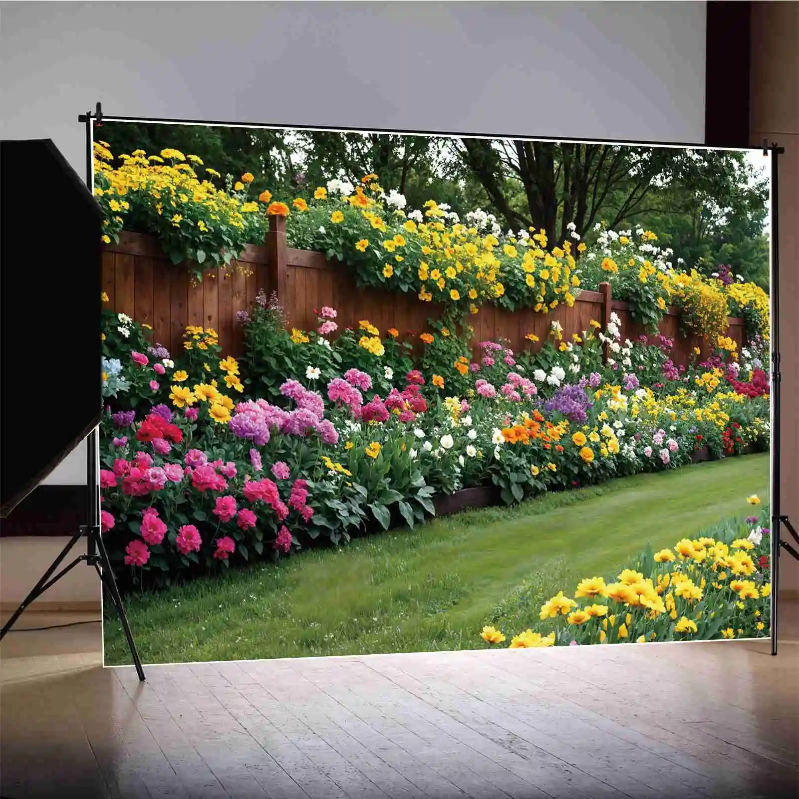 

Flowers Garden Pathway Photography Backdrops Spring Party Blossom Fence Wall Party Decoration Custom Children Photo Backgrounds