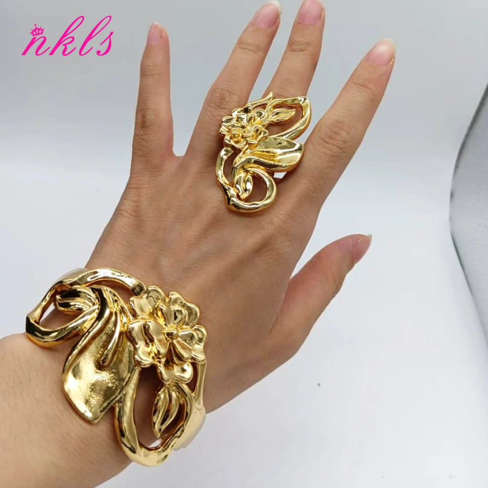 Luxury Flower Design Bracelet Ring Gold Color Middle East Copper Bangle Dubai Saudi Trendy Jewelry For Bridal Arabic Party Gift