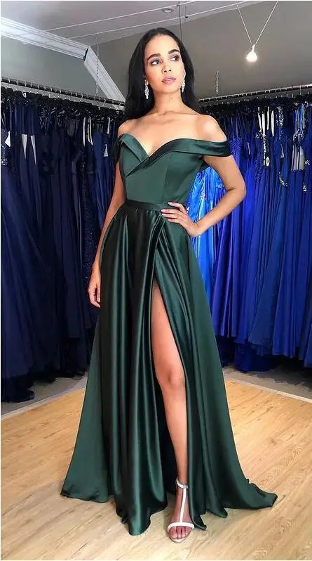 

Dark Green Party Dress Off The Shoulder Side Split Long Dance Dresses