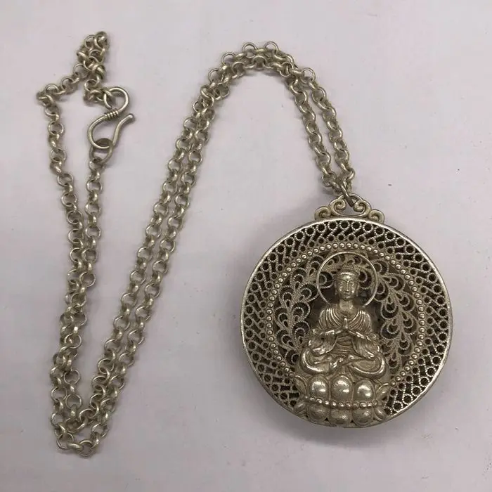 Двойной замок Guanyin этнический Ветер Miao Серебряный Амулет Ga Wu box