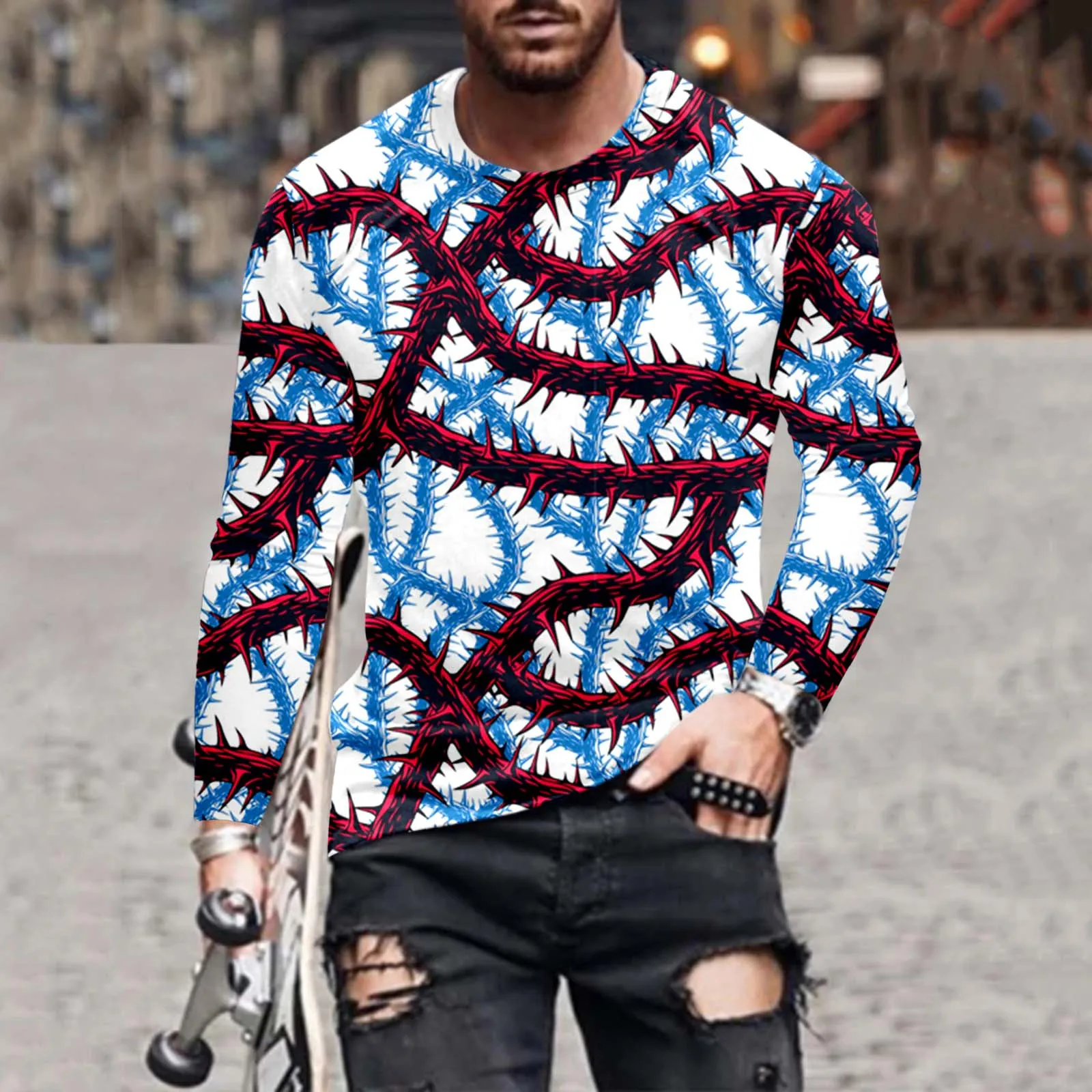 

Футболка с карманом для мужчин, мужская футболка с принтом чертостей и шипов на Хэллоуин, блузка с длинным рукавом и круглым вырезом, топы, ж...