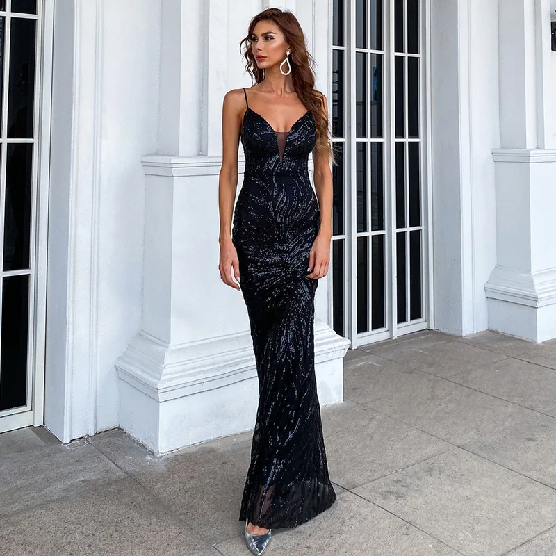 Partysix Black 2022 Сексуальное платье для вечеринок с глубоким V-образным вырезом и новыми лямками V-образным вырезом, длинное платье с пайетками на вечеринку Золотистое/белое.