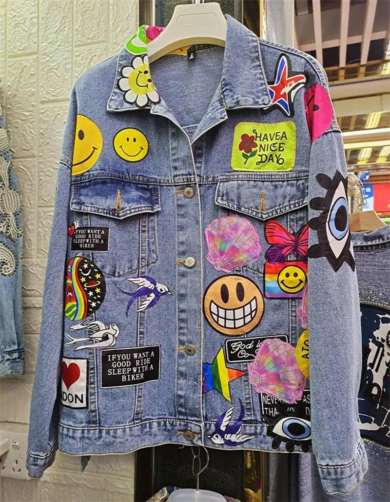 Women's Spring and Autumn New Hot Sale Street Cartoon Smiley Patch Embroidered Washed Denim Jacket