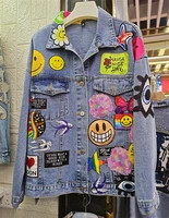 womens spring and autumn new hot sale street cartoon smiley patch embroidered washed denim jacket