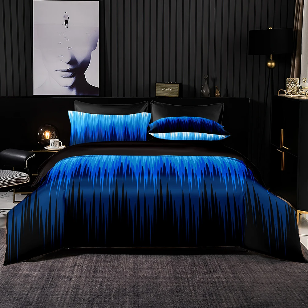 

Modern Signal Curve Bedding Set 2/3pcs,Black and Light Blue Duvet Cover,1-2 Pillowcases,Black Lining for Queen King Bed Size