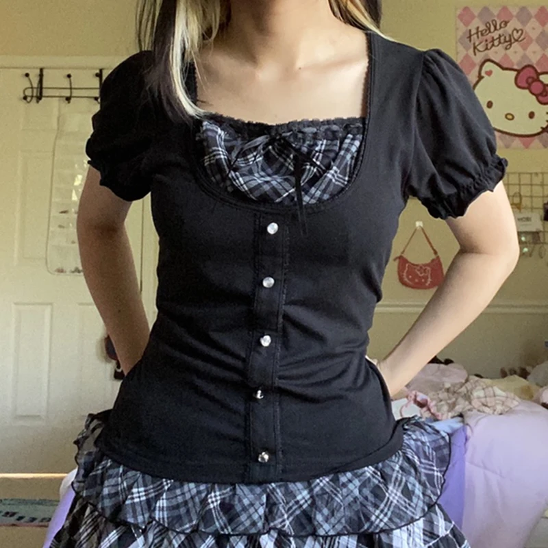 

Укороченный ретро Топ Fairy Gunge, клетчатая Лоскутная футболка в стиле преппи с пышными рукавами y2k, корейские винтажные женские пуловеры в стил...