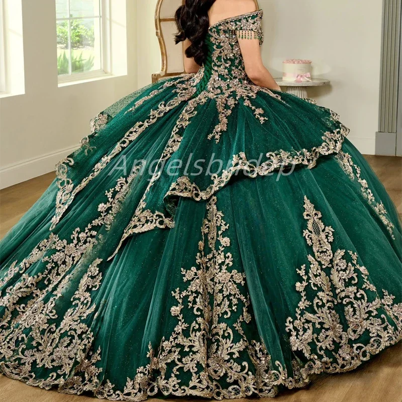 Angelsbridep Индивидуальное изумрудно-зеленое бальное платье Quinceanera Dresses 2025 Блестящий