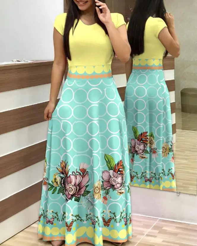 Dresses for Women 2023 Summer Contrast Geometric Floral Print Short Sleeve Round Neck Casual Lady A Line Maxi Dress