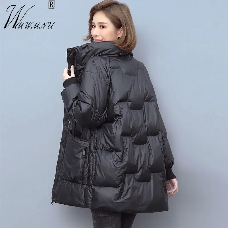 Fashion Stand Collar Black Winter Coat Women Snow Wear Loose 80kg Oversized Padded Jackets Warm Basic Pocket Quilted Parka