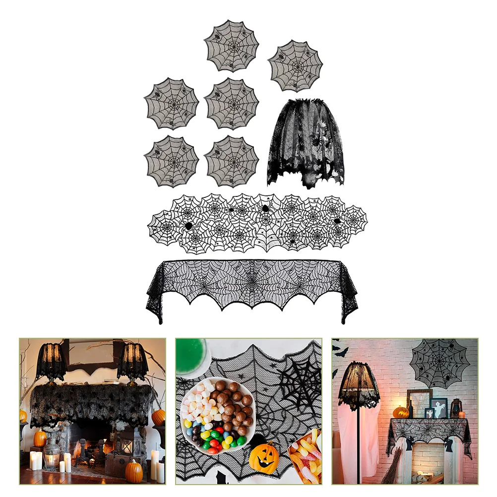 

Tablerunner Spiderweb Scarf Tablecloth Fireplace Cover Lace Placemats Spooky Blue Party Spider Dinner Linen Mantle Black Topper