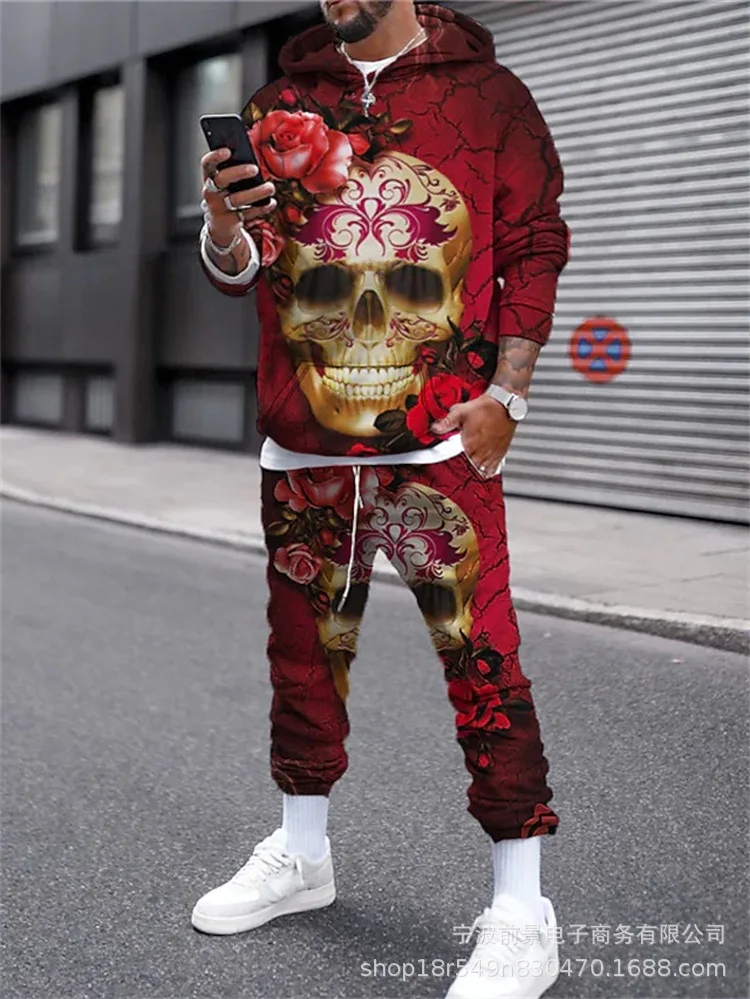 

2022 Autumn and Winter New European and American Men's Sweater 3D Skull Digital Variable Print Sweater Sweatpants Two-piece Set