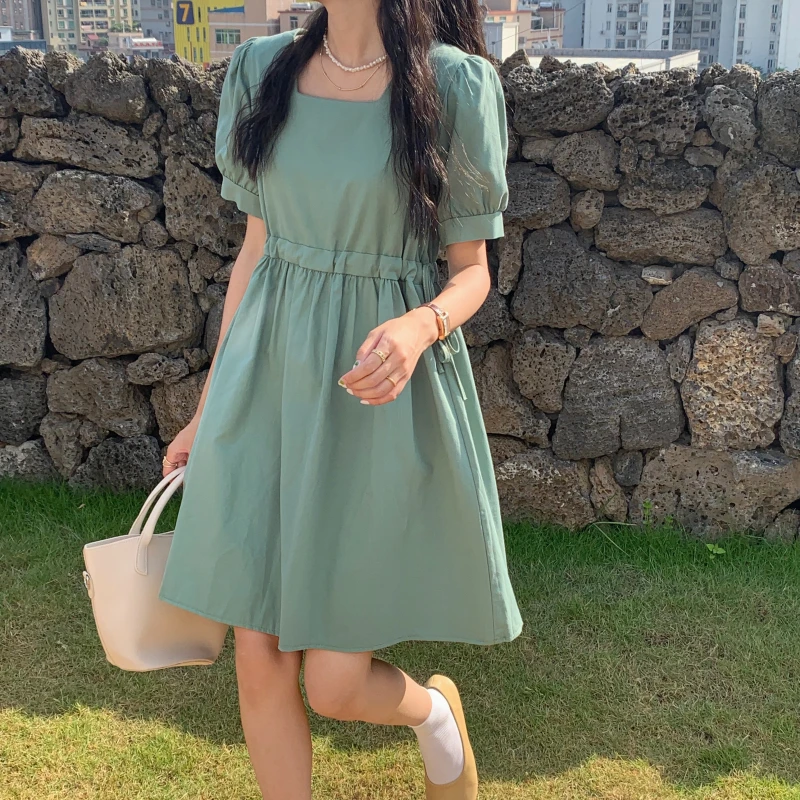 

Eam Dress Square Neck Bubble Sleeve White Dress Female Summer New Style Skirt High Waist Slim Casual Temperament Short Skirt