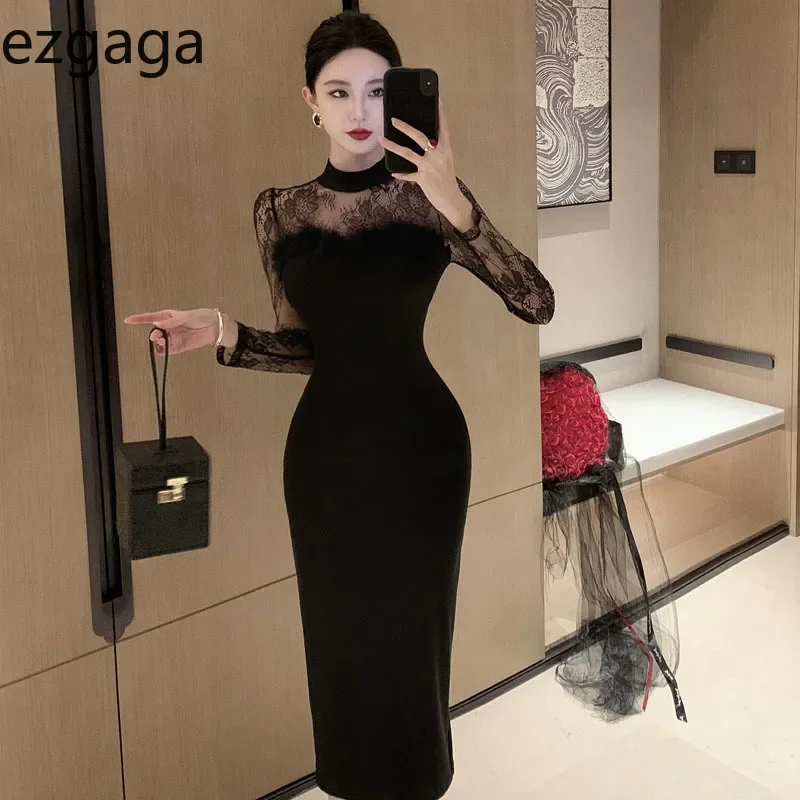 Ezgaga сексуальные платья для женщин элегантное кружевное лоскутное тонкое платье