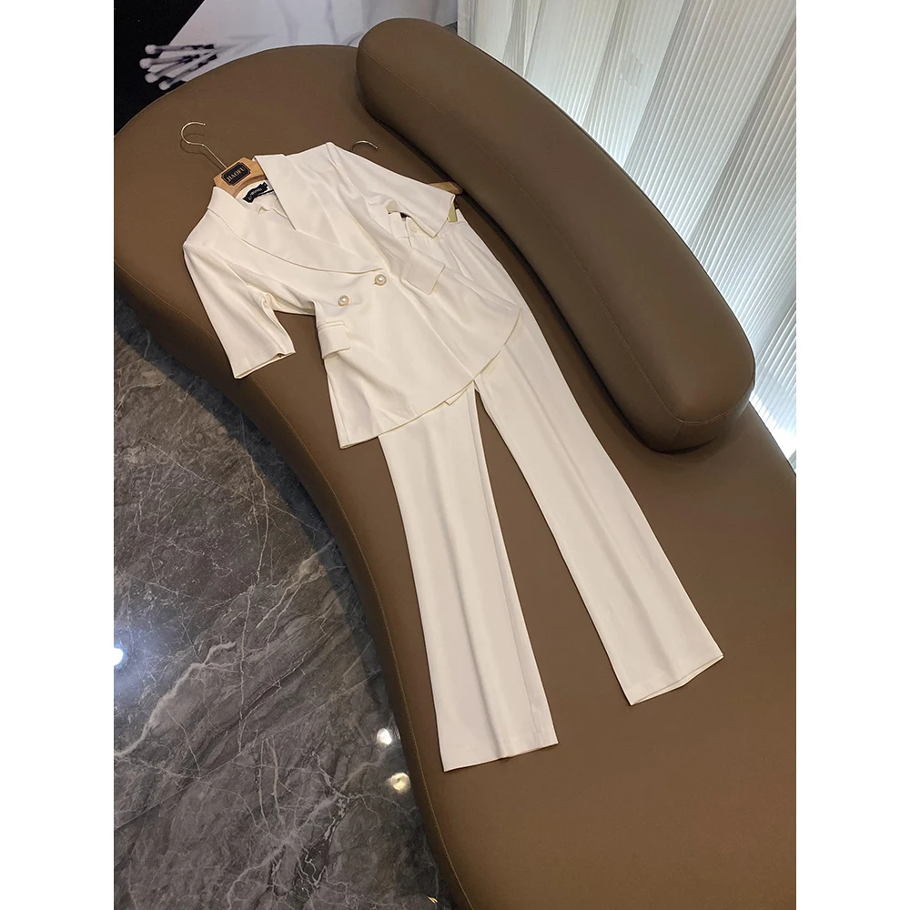 

Summer Short Sleeve Shawl Collar Double Breasted Chic Pearl Buttons Blazer Trousers Suit White Women Elegant Stylish Set