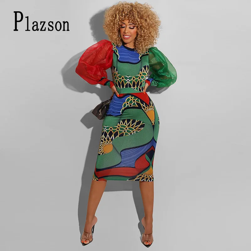 

Женское платье с длинным рукавом и принтом Plazson, зеленое платье-футляр с сетчатым рукавом, вечернее праздничное платье знаменитости, лето 2022